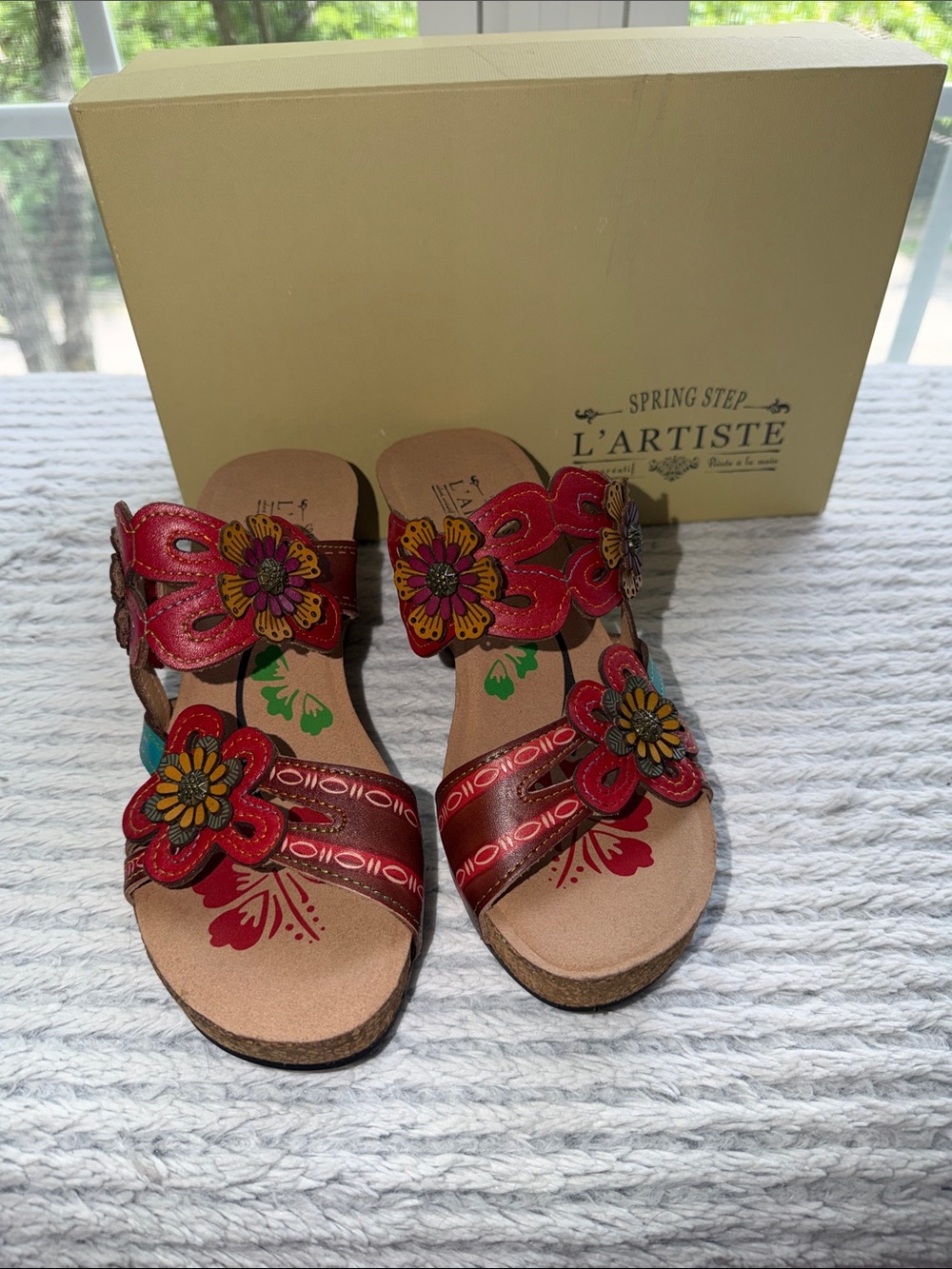 Spring Step Carswan-RDM Red Floral Leather Wedge Sandals